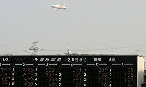 多摩川競艇場の向こうにコナンの飛行船