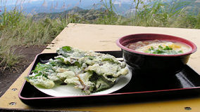 景信山　昼食　野草の天ぷらとシメジうどん
